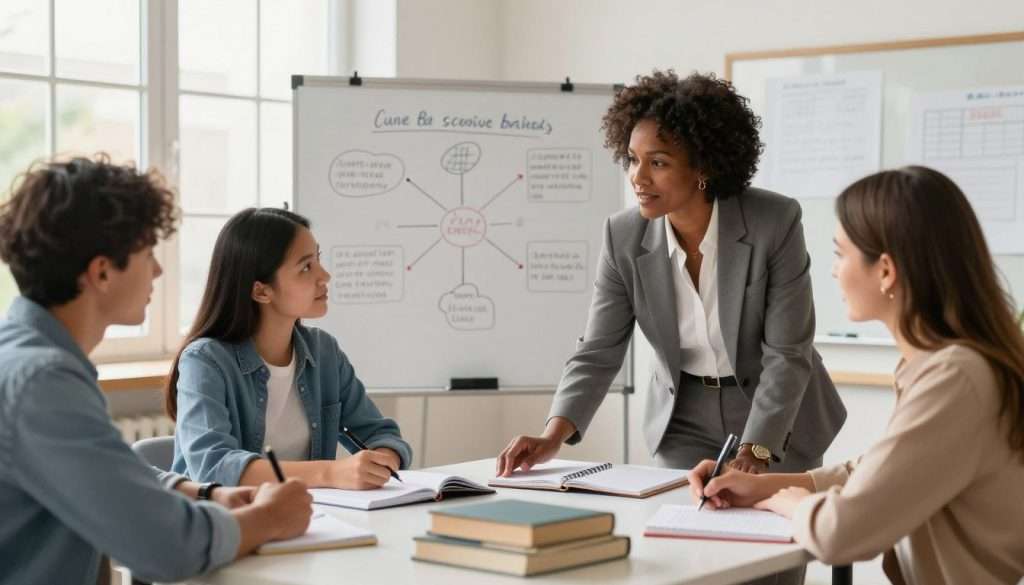 A focused academic success coach, a middle-aged Black woman in professional attire, is seated at a modern desk surrounded by books and study materials. In the foreground, she gently guides a diverse group of three students of varying backgrounds—one East Asian male, one Hispanic female, and one White female. Each student appears engaged, taking notes and discussing ideas, showcasing a collaborative learning atmosphere. In the middle ground, a large whiteboard filled with diagrams and mind maps illustrates concepts of cognitive barriers. The background features a bright, airy classroom with warm, natural lighting filtering through large windows, creating a motivational environment. The mood is uplifting and inspiring, conveying an atmosphere of empowerment and growth in overcoming academic challenges.
