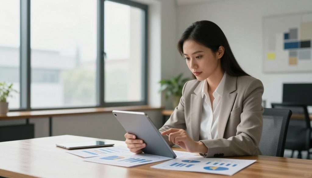 A focused businesswoman in a modern office environment, exuding confidence while analyzing data on a sleek tablet. In the foreground, she sits at a polished wooden desk, surrounded by charts and graphs that illustrate decision-making processes. The middle ground features large windows with natural light pouring in, casting a warm glow across the room. In the background, an abstract wall art piece symbolizes clarity and strategy, enhancing the atmosphere of innovation. The lighting is soft yet bright, illuminating her thoughtful expression, emphasizing the intensity of decision-making under pressure. The scene conveys a sense of urgency mixed with determination, ideal for showcasing the importance of optimizing decision-making skills. A focused businesswoman in a modern office environment, exuding confidence while analyzing data on a sleek tablet. In the foreground, she sits at a polished wooden desk, surrounded by charts and graphs that illustrate decision-making processes. The middle ground features large windows with natural light pouring in, casting a warm glow across the room. In the background, an abstract wall art piece symbolizes clarity and strategy, enhancing the atmosphere of innovation. The lighting is soft yet bright, illuminating her thoughtful expression, emphasizing the intensity of decision-making under pressure. The scene conveys a sense of urgency mixed with determination, ideal for showcasing the importance of optimizing decision-making skills.