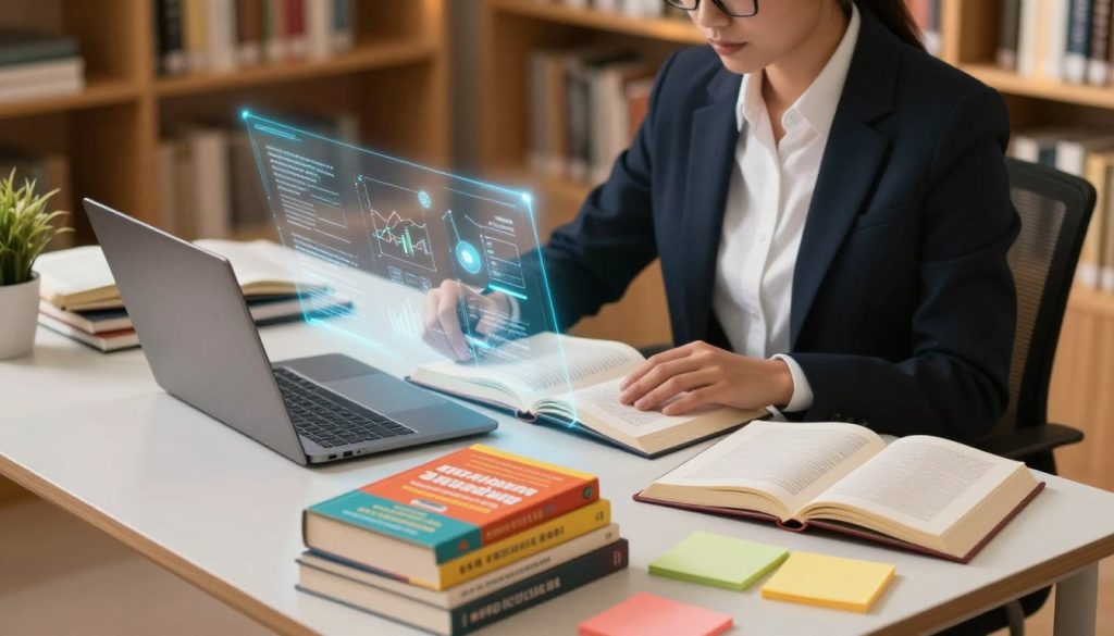 A focused individual, dressed in professional business attire, sits at a sleek, modern desk surrounded by an array of open books, digital devices, and colorful notes. In the foreground, a stack of well-organized books on speed reading and information synthesis showcases titles with vibrant covers. The middle ground features a glowing holographic interface projecting information and graphs, symbolizing the synthesis of knowledge. In the background, a soft-focus library with warm wooden shelves and ambient lighting creates an inspiring atmosphere, emphasizing a sense of enlightenment and learning. The lighting is bright but warm, casting soft shadows and creating a cozy yet professional mood. Use a slight overhead angle to convey depth and the feeling of an immersive learning environment.