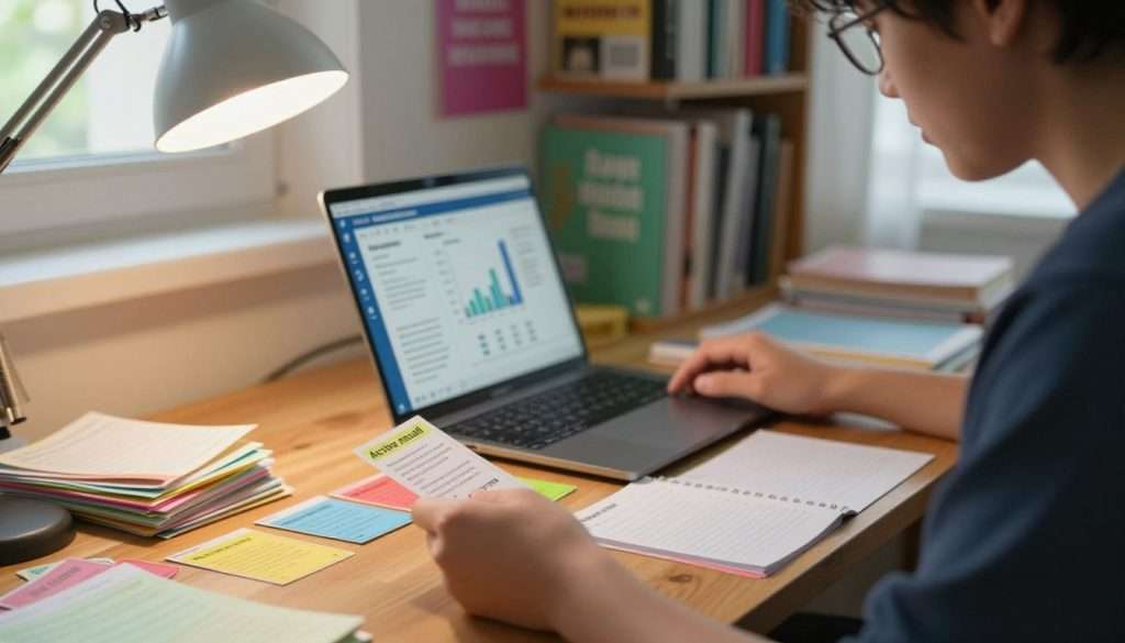 A focused student immersed in active learning, sitting at a wooden desk cluttered with colorful flashcards and notes, embodying the concept of active recall. In the foreground, a close-up of a flashcard with a question on one side and an answer visible on the other, illuminated by warm desk lamp light. The middle ground features a laptop open to a spaced repetition software interface, with graphs showing progress over time. In the background, a bookshelf filled with educational materials and motivational posters, casting soft shadows. The atmosphere is vibrant and studious, conveying a sense of diligence and determination, with natural daylight filtering through a window to enhance the scene's warmth and focus.