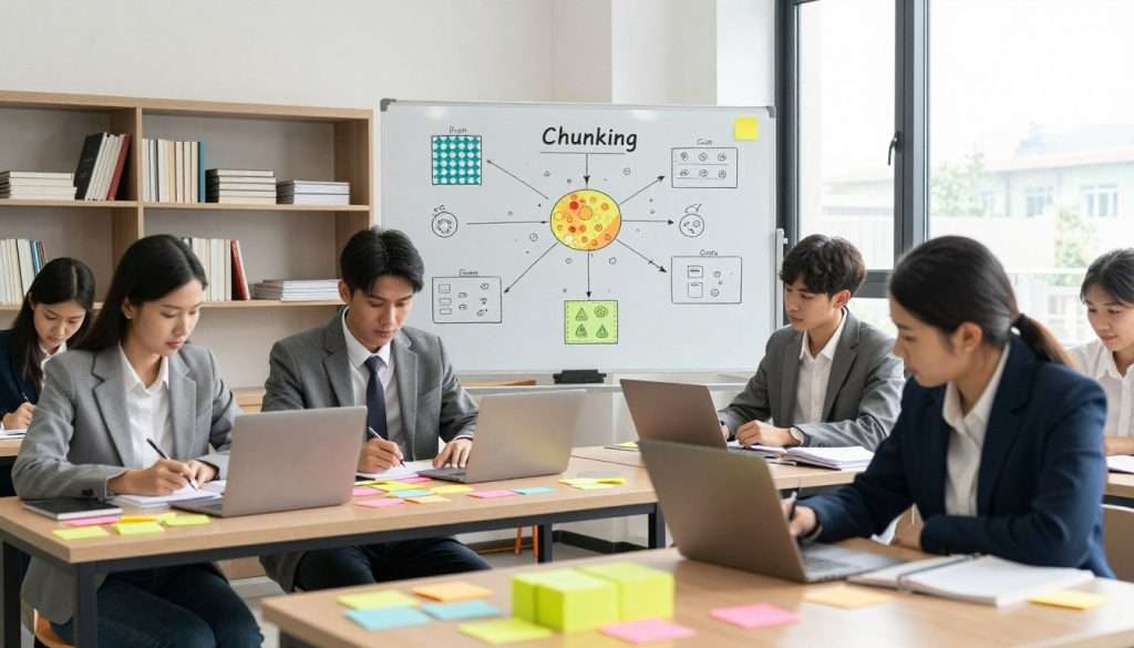 A focused study scene in a bright, inviting study room, showcasing effective study techniques. In the foreground, a diverse group of students in professional business attire, deeply engaged in collaborative learning, surrounded by colorful sticky notes organized into chunks on wooden tables. In the middle ground, a large whiteboard filled with mind maps and diagrams illustrating chunking methods, featuring patterns, symbols, and colors that emanate connections between concepts. The background includes shelves lined with books and a large window with soft, natural light streaming in, creating a productive atmosphere. The mood is energetic and inspiring, encouraging a sense of mastery through structured learning. Shot at eye level, with a soft focus on the details to highlight the interactive study environment.