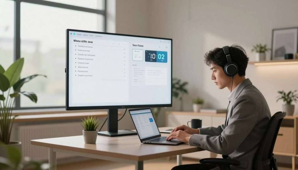 A focused workspace showcasing a blend of modern technology and serene environment to enhance concentration. In the foreground, a professional individual in business attire sits at a sleek desk adorned with a high-tech laptop, smart lighting, and noise-canceling headphones, deeply engaged in work. The middle ground features digital productivity tools like a whiteboard with bullet points, task lists, and a digital timer illuminating focus sessions. In the background, a calming indoor setting includes large windows with soft natural light streaming in, indoor plants boosting ambiance, and minimalistic decor promoting tranquility. The overall mood is serene yet focused, highlighting the harmonious balance between technology and productivity in a contemporary working environment, captured in a wide-angle view to emphasize spaciousness. A focused workspace showcasing a blend of modern technology and serene environment to enhance concentration. In the foreground, a professional individual in business attire sits at a sleek desk adorned with a high-tech laptop, smart lighting, and noise-canceling headphones, deeply engaged in work. The middle ground features digital productivity tools like a whiteboard with bullet points, task lists, and a digital timer illuminating focus sessions. In the background, a calming indoor setting includes large windows with soft natural light streaming in, indoor plants boosting ambiance, and minimalistic decor promoting tranquility. The overall mood is serene yet focused, highlighting the harmonious balance between technology and productivity in a contemporary working environment, captured in a wide-angle view to emphasize spaciousness.