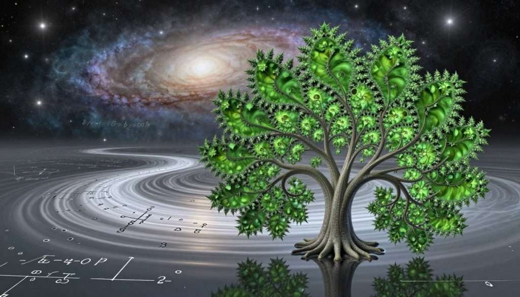 A mesmerizing fractal landscape unfolds, showcasing the intricate beauty of mathematical patterns derived from simple rules. In the foreground, a stunningly detailed fractal tree with vibrant green leaves spirals outward, each branch splitting into smaller branches in perfect symmetry. The middle ground features a flowing river of numbers, where equations gracefully ripple across the water's surface, reflecting the surrounding geometry. In the background, a vast cosmic expanse filled with swirling galaxies and luminous stars subtly hints at the infinite complexity of mathematics. Soft, ethereal light bathes the scene, casting gentle shadows and creating a serene yet awe-inspiring atmosphere. The composition is captured from a slightly elevated angle, emphasizing both the fractal intricacies and the grand scale of the mathematical universe. A mesmerizing fractal landscape unfolds, showcasing the intricate beauty of mathematical patterns derived from simple rules. In the foreground, a stunningly detailed fractal tree with vibrant green leaves spirals outward, each branch splitting into smaller branches in perfect symmetry. The middle ground features a flowing river of numbers, where equations gracefully ripple across the water's surface, reflecting the surrounding geometry. In the background, a vast cosmic expanse filled with swirling galaxies and luminous stars subtly hints at the infinite complexity of mathematics. Soft, ethereal light bathes the scene, casting gentle shadows and creating a serene yet awe-inspiring atmosphere. The composition is captured from a slightly elevated angle, emphasizing both the fractal intricacies and the grand scale of the mathematical universe.