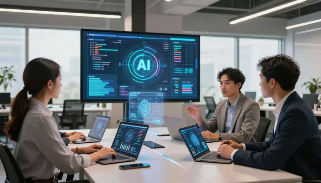 A modern office scene illustrating the integration of AI into daily professional workflows. In the foreground, a diverse group of three professionals—a woman and two men—are engaged in discussion around a sleek, futuristic table, each equipped with laptops and AI-driven tablets showing data analytics. The middle ground features a large smart screen displaying complex algorithms and visual data flows, while soft holographic elements showcase AI assistance tools around them. The background reveals a bright, spacious office with large windows letting in natural light, enhancing the atmosphere of innovation and collaboration. The image conveys a sense of progress and inspiration, emphasizing teamwork and technology's role in the modern workplace. Use warm lighting to create an inviting and dynamic mood, capturing the essence of integrating AI seamlessly into professional life. A modern office scene illustrating the integration of AI into daily professional workflows. In the foreground, a diverse group of three professionals—a woman and two men—are engaged in discussion around a sleek, futuristic table, each equipped with laptops and AI-driven tablets showing data analytics. The middle ground features a large smart screen displaying complex algorithms and visual data flows, while soft holographic elements showcase AI assistance tools around them. The background reveals a bright, spacious office with large windows letting in natural light, enhancing the atmosphere of innovation and collaboration. The image conveys a sense of progress and inspiration, emphasizing teamwork and technology's role in the modern workplace. Use warm lighting to create an inviting and dynamic mood, capturing the essence of integrating AI seamlessly into professional life.