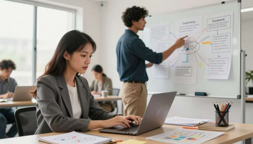 A professional workspace scene depicting a diverse group of individuals engaged in drafting explanatory content. In the foreground, a focused woman in business attire is seated at a desk, typing on a laptop, surrounded by notebooks filled with colorful diagrams and notes. In the middle ground, a man in smart casual clothing collaborates with her, pointing at a whiteboard covered with mind maps and key concepts. The background features a bright, modern office space with large windows letting in natural light, creating an inviting atmosphere. The image should reflect a mood of productivity and collaboration, with warm lighting and sharp focus on the individuals and their creative process, showcasing the importance of drafting explanatory content in learning. A professional workspace scene depicting a diverse group of individuals engaged in drafting explanatory content. In the foreground, a focused woman in business attire is seated at a desk, typing on a laptop, surrounded by notebooks filled with colorful diagrams and notes. In the middle ground, a man in smart casual clothing collaborates with her, pointing at a whiteboard covered with mind maps and key concepts. The background features a bright, modern office space with large windows letting in natural light, creating an inviting atmosphere. The image should reflect a mood of productivity and collaboration, with warm lighting and sharp focus on the individuals and their creative process, showcasing the importance of drafting explanatory content in learning.