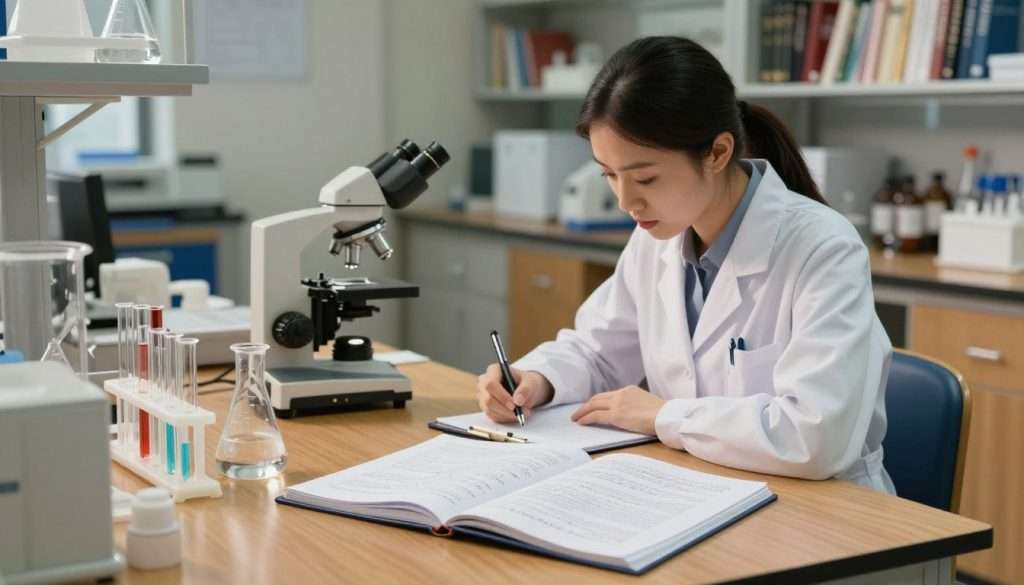 A scholarly setting depicting a well-organized laboratory filled with scientific instruments and research documents. In the foreground, a meticulously arranged wooden table holds an open notebook with detailed handwritten notes and charts, alongside a collection of glass beakers and a microscope. In the middle ground, a focused researcher, a woman in professional attire, is meticulously documenting her observations in a clean, systematic manner. The background reveals shelves lined with books and journals, illuminated by soft, warm lighting creating an atmosphere of dedication and intellectual rigor. The angle captures the depth of the workspace, emphasizing a sense of order and professionalism, reflecting the essence of methodological rigor in scientific research.