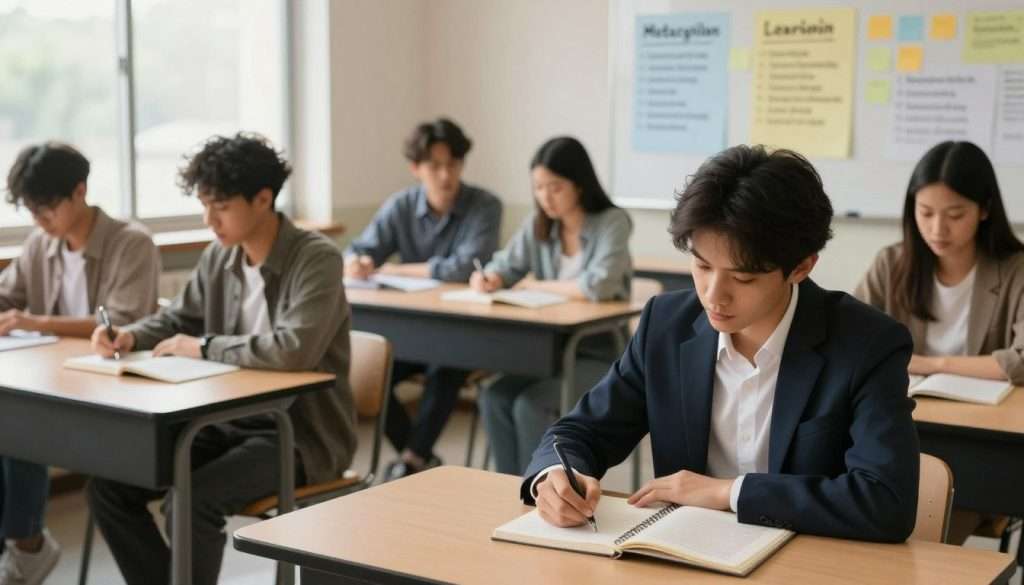 A serene and focused classroom setting, featuring a diverse group of students engaged in self-reflection and cognitive strategies. In the foreground, a student in professional business attire sits at a desk, thoughtfully writing in a journal with deep concentration. The middle ground showcases other students participating in various self-reflective activities, like discussing ideas in pairs and brainstorming on sticky notes. The background reveals a wall adorned with motivational posters about metacognition and learning strategies. Soft, natural lighting filters through large windows, creating a warm and inviting atmosphere. The composition is shot from a slight downward angle to emphasize the engaged expressions of the students and the thoughtful environment, evoking a sense of empowerment and collaboration in overcoming learning obstacles through self-reflection.