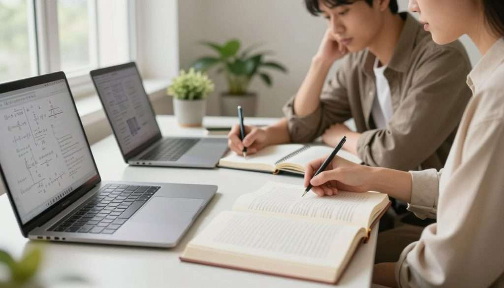 A serene and focused workspace, featuring a person seated at a modern desk, engaged in reading and taking notes, radiating concentration and determination. The foreground includes a close-up of open books and digital devices displaying complex diagrams and equations. In the middle ground, there's a thoughtful individual, dressed in professional attire, with a notepad filled with ideas, surrounded by plants for a touch of nature. The background presents a bright, airy room with large windows allowing soft, natural light to illuminate the space, enhancing the atmosphere of inspiration and learning. The color palette should be warm and inviting, evoking a sense of clarity and a drive to master new concepts and boost cognitive abilities.
