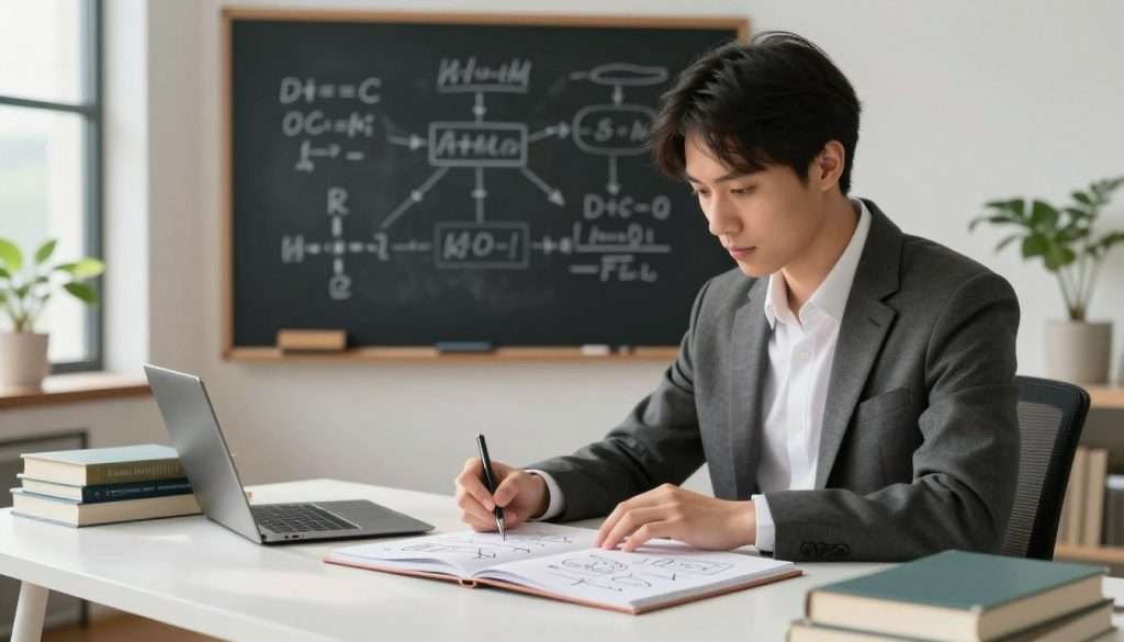A serene and focused workspace filled with books and notes, where a young professional in business attire sits at a modern desk, deeply engaged in simplifying complex ideas. In the foreground, an open notebook displays sketches and diagrams, illustrating the refinement of narrative concepts. The middle ground features a chalkboard covered in simplified formulas and flowcharts, symbolizing clarity in learning. Soft, natural lighting filters through a window, casting gentle shadows that create a calm atmosphere, while plants in the background bring life to the environment. The overall mood is one of concentration and inspiration, emphasizing the beauty of understanding through simplification and refinement.