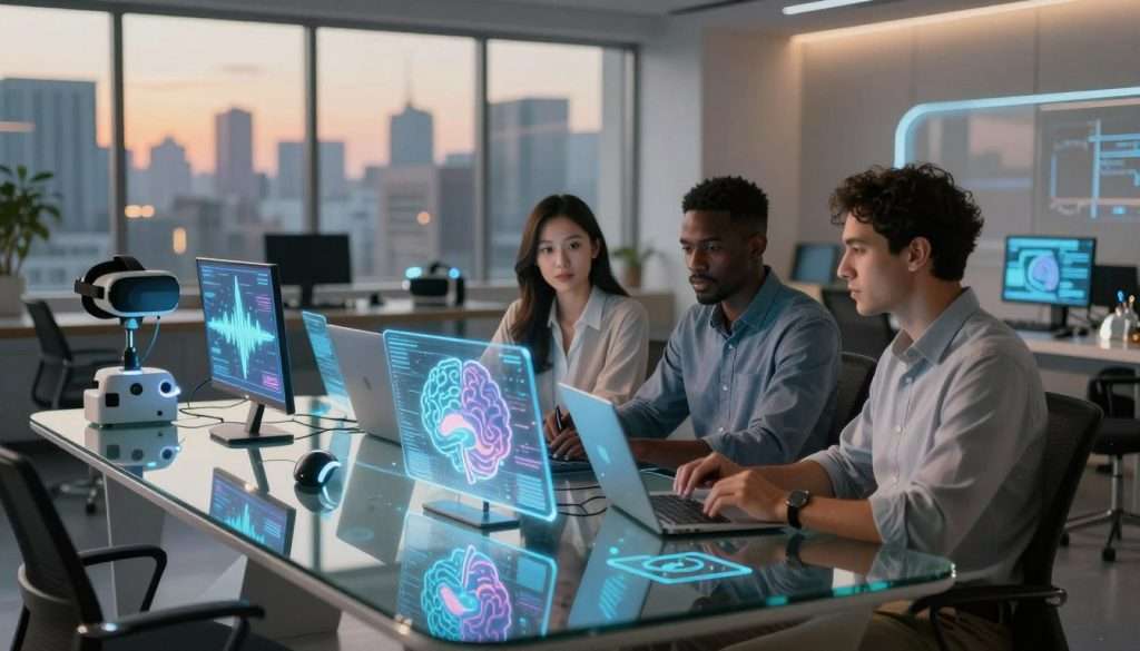 A serene and futuristic study space depicting a diverse group of three professionals, one Asian woman, one Black man, and one Hispanic man, engaged in collaborative brainstorming. In the foreground, a sleek glass table adorned with holographic displays featuring brainwave patterns and cognitive enhancement diagrams. The middle ground showcases high-tech gadgets like virtual reality headsets and neural stimulation devices. Soft, ambient lighting creates a calm atmosphere, with warm hues reflecting off the polished surfaces. The background reveals large windows overlooking a city skyline, symbolizing ambition and progress. Use a wide-angle lens to capture the entirety of this innovative environment, evoking a sense of focus, creativity, and the limitless potential of the mind.