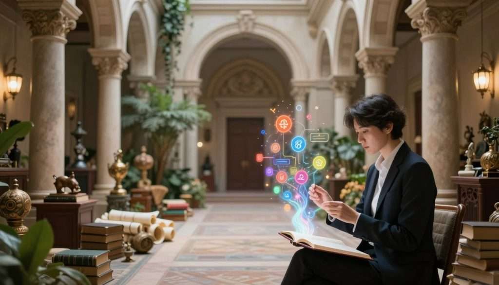 A serene and intricate memory palace inspired by classical architecture, featuring ornate columns and grand archways creating a sense of depth. In the foreground, a focused individual dressed in professional attire engages in the memory technique, surrounded by floating visual cues like vivid symbols, colorful diagrams, and ethereal wisps of light representing complex information. In the middle, a well-lit pathway winds through the memory palace, lined with lush greenery and thoughtful arrangements of knowledge-related items like books, scrolls, and intriguing artifacts. The background showcases soft, atmospheric lighting with a warm glow, giving the scene an inviting and contemplative mood, while a blurred depth of field creates emphasis on the individual’s concentration and engagement with the memory techniques.