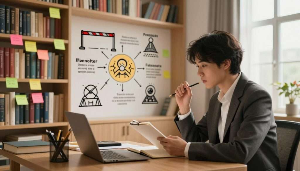 A serene and inviting memory palace scene, featuring a well-organized room filled with shelves of books and vibrant post-it notes. In the foreground, a focused individual in professional attire, holding a notepad and pencil, is seated at a neat desk, symbolizing active learning and memory enhancement. The middle ground shows a stylishly designed wall with symbolic images and structures that represent common pitfalls in memory techniques, illustrated as hurdles, such as confusion and distraction. The background features soft, warm lighting filtering through a large window, creating a calming atmosphere conducive to learning. A contemplative mood permeates the space, evoking a sense of exploration and motivation to improve memory skills.