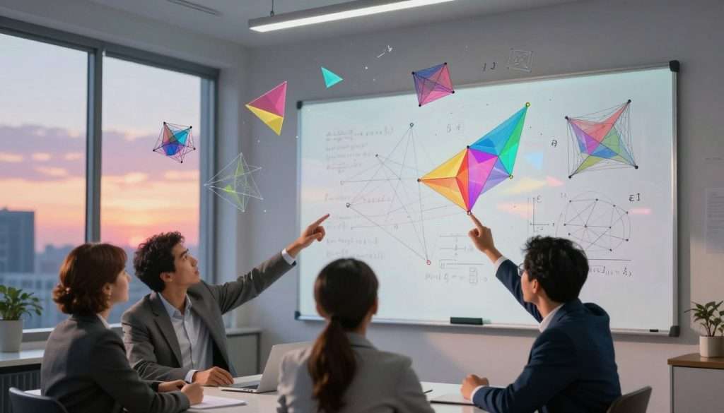 A serene and organized workspace filled with mathematical symbols and abstract patterns floating in the air. In the foreground, a diverse group of three professionals dressed in business attire, deeply engaged in discussion, pointing at colorful, 3D geometric shapes that represent various mathematical concepts—like fractals and graphs—hovering around them. In the middle ground, a large, transparent whiteboard displays intricate geometric designs and equations, illuminated by soft, ambient lighting that casts gentle shadows. The background features a window with a view of a modern cityscape, where vibrant colors merge in the sky during a sunset, creating an inspiring atmosphere. The overall mood should convey creativity, collaboration, and the power of visualization in problem-solving, encouraging a sense of wonder and clarity in abstract thinking.