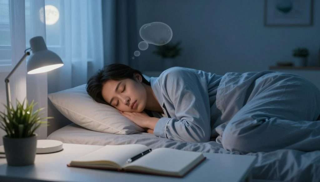 A serene bedroom at night, softly illuminated by gentle moonlight filtering through sheer curtains. In the foreground, a well-organized desk features an open notebook, a pen, and a small potted plant, symbolizing study and reflection. In the middle, a peaceful sleeping figure, a person in modest pajamas, represents the importance of sleep for memory retention, their face relaxed and serene. The background showcases a cozy, inviting ambiance with calming blue shades and a neatly made bed, emphasizing tranquility. Subtle wisps of thought bubbles or glowing memories drift from the sleeping person’s head, illustrating the connection between sleep and memory consolidation. The overall mood is peaceful and introspective, evoking a sense of calm and focus that inspires the viewer to appreciate the role of sleep in enhancing memory.