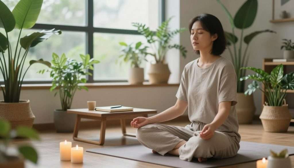 A serene indoor space designed for mindfulness and meditation, featuring a person sitting cross-legged on a soft mat, dressed in comfortable, modest clothing. The individual is depicted with closed eyes, exuding a sense of tranquility and focus, surrounded by lush green plants that symbolize growth and concentration. In the foreground, a gently flickering candle casts a warm, soft glow, enhancing the peaceful atmosphere. In the middle, a small table holds a journal and a pen, suggesting the practice of mindfulness through reflection. The background shows a large window with natural light streaming in, illuminating the space and creating a harmonious feel. The overall mood is calm and inviting, emphasizing the theme of sharpening concentration through mindfulness and meditation techniques.