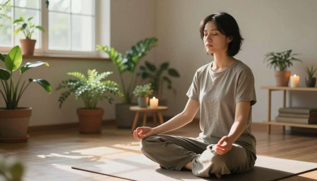 A serene indoor space featuring a calm individual practicing mindfulness meditation. In the foreground, the person sits cross-legged on a soft, neutral-colored mat, wearing comfortable, modest clothing. Their face reflects focus and tranquility. In the middle ground, a few potted plants and a gentle candle flicker on a small table, enhancing the peaceful atmosphere. In the background, a window lets in soft, warm sunlight, highlighting dust particles dancing in the air. The overall color palette is soothing with earthy tones of greens and browns. The image is captured from a slightly elevated angle to provide a sense of depth, emphasizing the peacefulness of the space and the importance of integrating mindfulness into daily routines. The mood is one of calm, focus, and clarity.