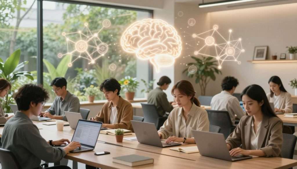 A serene, modern workspace filled with natural light, showcasing a tranquil environment designed for cognitive enhancement. In the foreground, a diverse group of professionals, dressed in smart casual attire, are engaged with advanced digital tools and books, illustrating focus and collaboration. The middle ground features a large window with greenery outside, symbolizing nature’s connection to neuroplasticity. There are floating neural pathway designs and glowing brain imagery subtly integrated into the air, representing cognitive connections and growth. The background includes sleek furniture and calming décor, enhancing the atmosphere of creativity and intelligence. Soft, warm lighting creates an uplifting mood, and the overall composition should evoke inspiration and a sense of limitless potential.