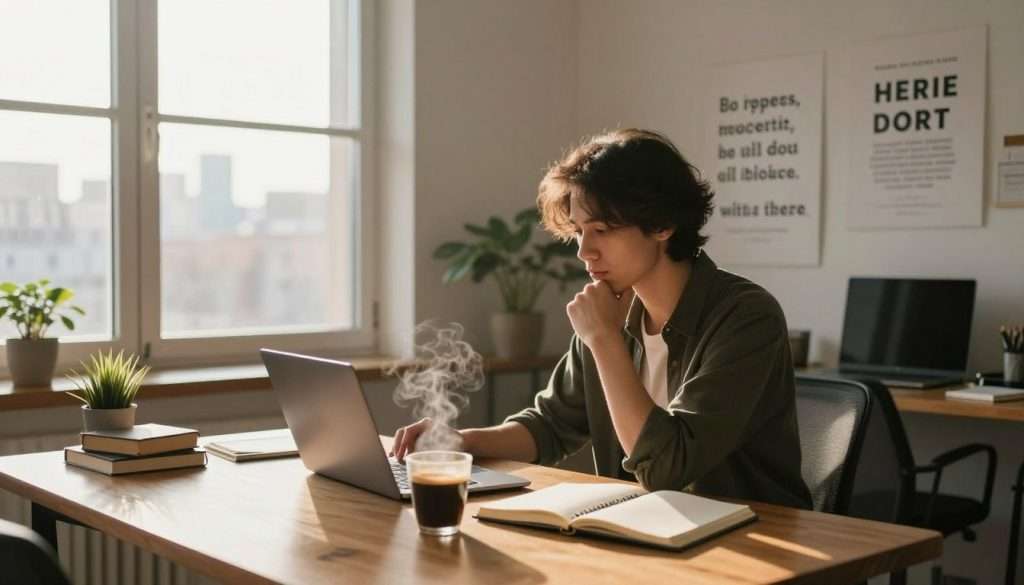 A serene morning workspace bathed in soft, warm sunlight filtering through a large window. In the foreground, a focused individual, dressed in smart casual attire, sits at a wooden desk, deep in thought, surrounded by an array of productivity tools like notebooks, a laptop, and a steaming cup of coffee. The middle ground features a motivational wall with inspiring quotes and a small indoor plant adding a touch of greenery. In the background, the city skyline is visible through the window, suggesting a bustling world outside. The overall atmosphere is calm yet productive, emphasizing the importance of deep work during early morning hours. The lighting creates a cozy, inviting ambiance, ideal for concentration and creativity.