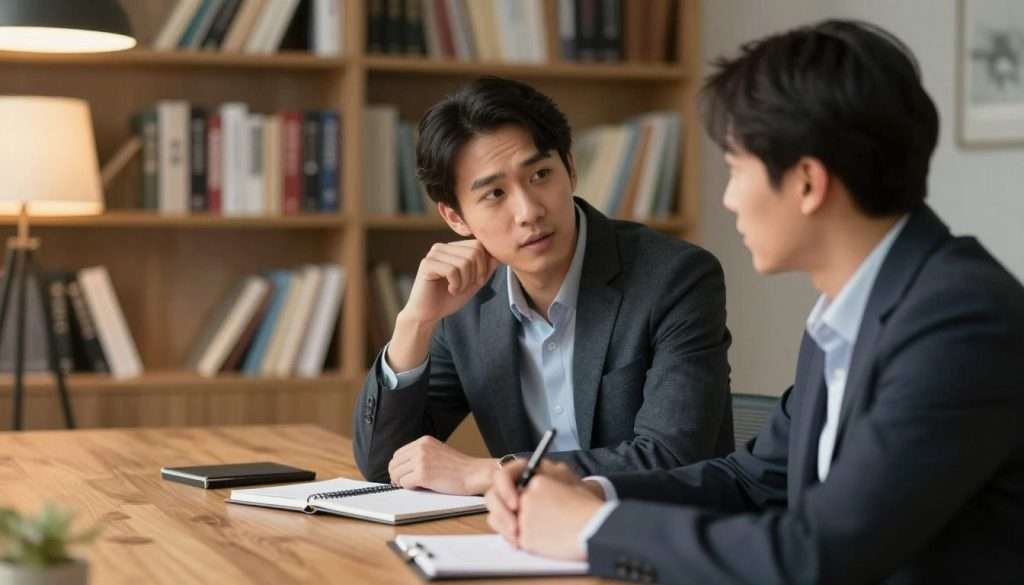 A serene office setting featuring a professional man and woman engaged in a deep conversation, demonstrating active listening. The foreground captures their focused expressions, with the man leaning slightly forward, showing interest, and the woman nodding attentively, both dressed in smart business attire. In the middle ground, a large wooden table holds notebooks and pens, suggesting an environment of learning and collaboration. The background showcases shelves filled with books on various subjects, enhancing the theme of knowledge-seeking. Soft, warm lighting from a nearby lamp creates an inviting atmosphere, while a slightly blurred effect on the background enhances the depth of field. The overall mood is one of curiosity, respect, and intellectual engagement.