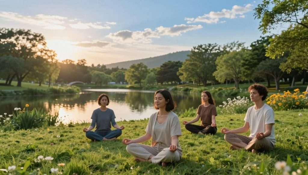 A serene outdoor scene highlighting self-improvement and mindfulness. In the foreground, a diverse group of three individuals dressed in modest casual clothing engages in a mindfulness exercise, sitting cross-legged on plush green grass. They exude calmness and focus, with soft smiles on their faces. In the middle ground, a tranquil pond reflects the soft golden light of a sunrise, surrounded by lush trees and delicate wildflowers, symbolizing growth and renewal. The background features a gentle hill fading into a clear blue sky, with wispy clouds drifting by, creating a peaceful atmosphere. The lighting is warm and soft, enhancing the overall sense of tranquility, captured from a slightly elevated angle to encompass the entire scene harmoniously.