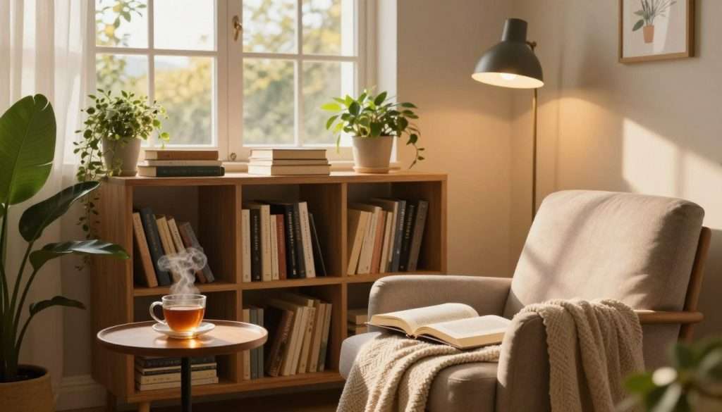 A serene reading nook designed for enhanced focus and productivity. In the foreground, a cozy armchair with a soft throw blanket and a small side table holding a steaming cup of tea. The middle ground features a sleek wooden bookshelf filled with a variety of books, surrounded by green plants that add a touch of nature. In the background, a large window allows warm, golden daylight to filter in, illuminating the space. Soft shadows dance on the walls, creating an inviting atmosphere. The walls are painted in calm, neutral tones, and a stylish reading lamp stands beside the chair, casting a gentle glow on the pages of an open book. The mood is peaceful and inspiring, perfect for maximizing reading potential.