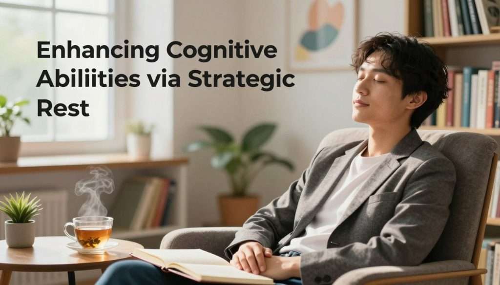 A serene study environment capturing the essence of "Enhancing Cognitive Abilities via Strategic Rest." In the foreground, a relaxed individual sits comfortably in a plush armchair, dressed in smart casual attire, eyes gently closed, with a peaceful expression. Soft natural lighting filters through a window, creating warm highlights on the person's face and the surrounding bookshelves filled with colorful books. In the middle ground, a cozy coffee table holds an open notebook and a steaming cup of herbal tea, symbolizing reflective thought. The background features a subtle blend of plants and soft artwork, providing a calming atmosphere. Use a slightly blurred lens effect to emphasize the subject while keeping the environment welcoming and inspirational. The overall mood should evoke tranquility and mindfulness, indicating the power of rest in enhancing cognitive capabilities. A serene study environment capturing the essence of "Enhancing Cognitive Abilities via Strategic Rest." In the foreground, a relaxed individual sits comfortably in a plush armchair, dressed in smart casual attire, eyes gently closed, with a peaceful expression. Soft natural lighting filters through a window, creating warm highlights on the person's face and the surrounding bookshelves filled with colorful books. In the middle ground, a cozy coffee table holds an open notebook and a steaming cup of herbal tea, symbolizing reflective thought. The background features a subtle blend of plants and soft artwork, providing a calming atmosphere. Use a slightly blurred lens effect to emphasize the subject while keeping the environment welcoming and inspirational. The overall mood should evoke tranquility and mindfulness, indicating the power of rest in enhancing cognitive capabilities.