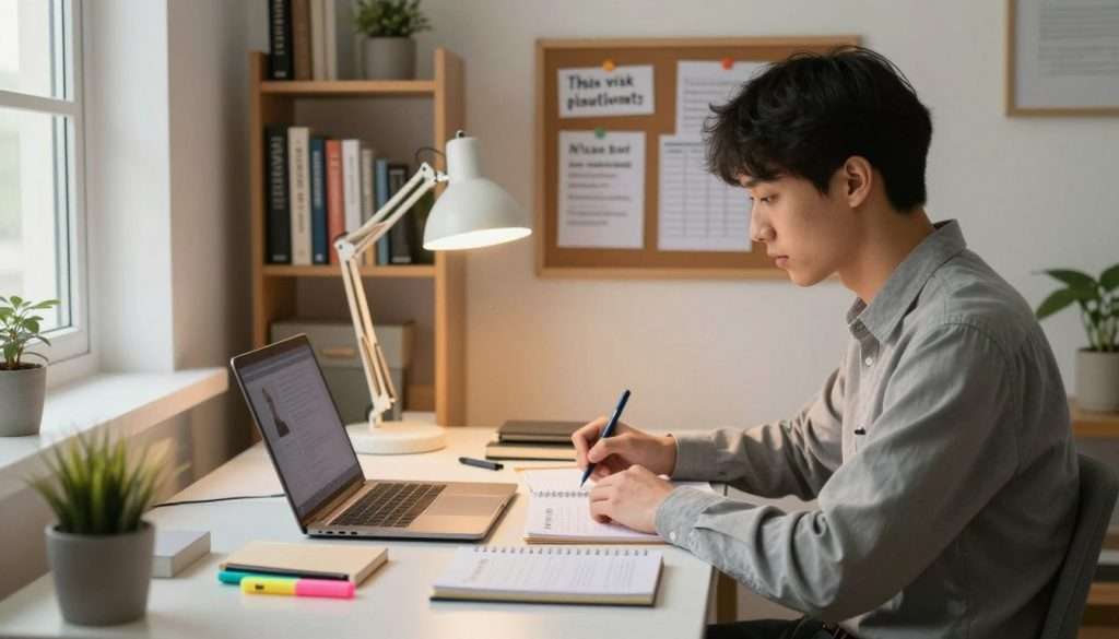 A serene study environment designed for deep focus, featuring a neatly organized desk with modern study materials like notebooks, a laptop, and highlighters. In the foreground, a young adult, dressed in smart casual attire, is actively engaging with study content, surrounded by a warm, inviting light from a desk lamp. The middle ground includes a corkboard filled with motivational quotes and study schedules, while a bookshelf filled with neatly arranged books serves as the background. Natural light filters through a nearby window, casting soft shadows and enhancing the tranquil atmosphere. The overall mood is focused and productive, inspiring viewers to cultivate their optimal study environment.