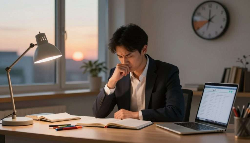 A serene study environment during peak study hours, showcasing a well-organized desk illuminated by soft, warm light from a lamp, highlighting open notebooks, colorful pens, and a laptop displaying a productivity timer. In the center, a focused individual in professional business attire, brows furrowed in concentration, embodies the concept of deep work. Layered in the background are calming elements such as a window showing a sunset, symbolizing the passage of time, and a wall clock emphasizing ultradian rhythms with distinct time segments. The atmosphere feels tranquil and motivational, inviting the viewer to explore the science of studying efficiently and effectively. Use a shallow depth of field to keep the focus on the subject while slightly blurring the background for a cozy ambiance.