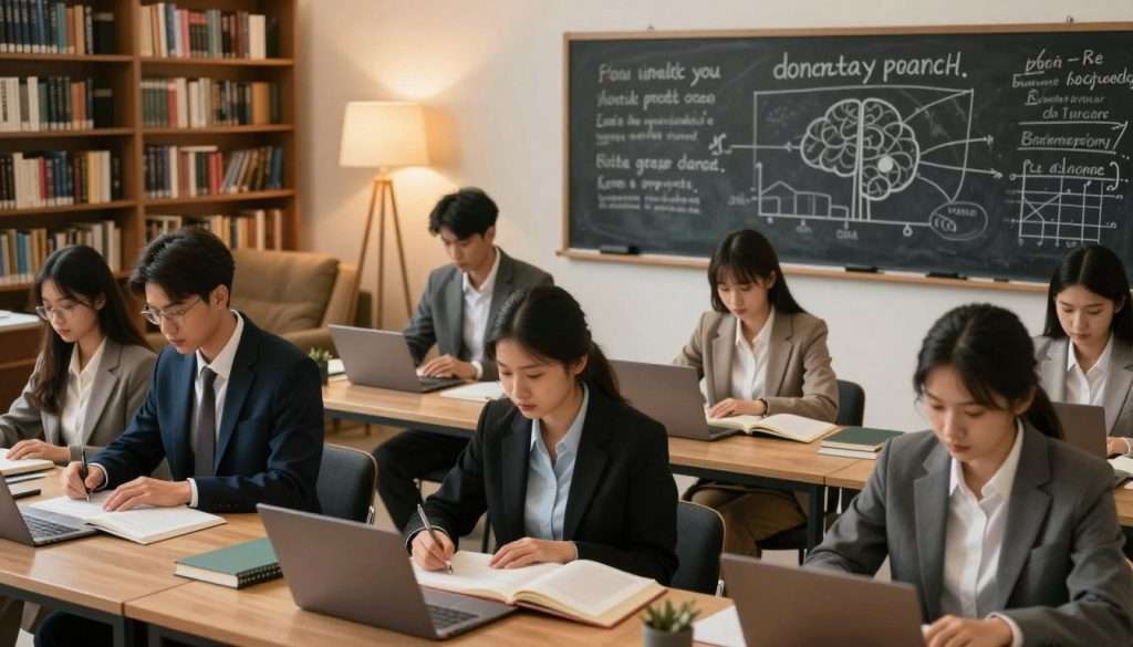 A serene study environment emphasizing mental conditioning for academics. In the foreground, a diverse group of students, dressed in professional business attire, are engaged in focused study sessions with books and laptops. Their expressions reflect concentration and determination. The middle ground features a large chalkboard filled with motivational quotes, graphs, and mind maps, symbolizing the strategies for enhancing cognitive abilities. In the background, a cozy library ambiance with bookshelves, warm lighting from stylish lamps, and plush seating creates an inviting atmosphere. Utilize soft, warm lighting to evoke a sense of calm and focus, captured from a slightly elevated angle to provide an encompassing view of the scene. The overall mood is one of productivity and mental empowerment, inspiring viewers to unlock their academic potential.