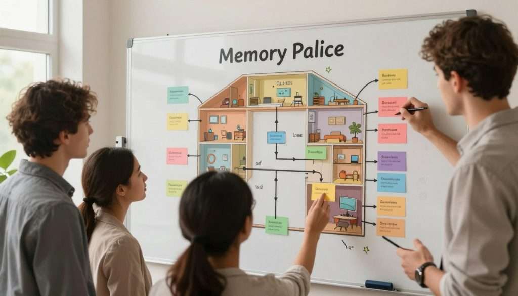 A serene study environment featuring a detailed visualization of a Memory Palace concept for beginners. In the foreground, a diverse group of three individuals, dressed in professional casual attire, is actively engaged in mapping out their Memory Palaces using colorful index cards and a large whiteboard. The middle area showcases a beautifully illustrated Memory Palace structure with rooms representing different categories of memory techniques, connected by clearly marked routes. In the background, soft, warm lighting filters through large windows, creating a cozy yet productive atmosphere. The camera angle captures the interaction over the whiteboard, inviting viewers into the scene while emphasizing the importance of organization in memory techniques. The overall mood is encouraging and accessible, perfect for inspiring beginners.