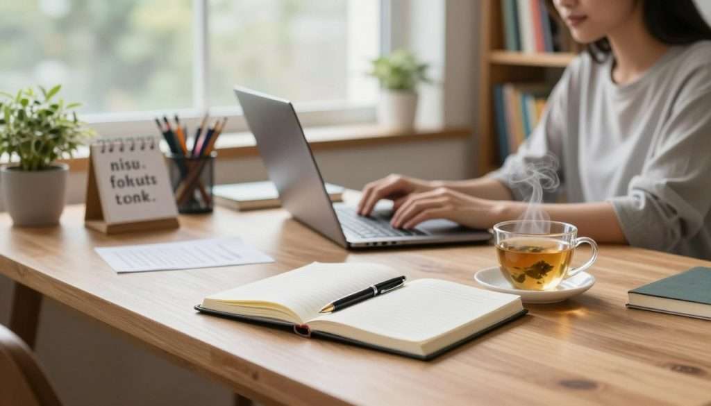 A serene study environment featuring a modern wooden desk set against a large window, through which soft, natural light filters in. In the foreground, an open notebook with organized notes and a classic fountain pen lies next to a steaming cup of herbal tea. The middle ground showcases a person in modest casual clothing, attentively working on a laptop, surrounded by neatly arranged stationery and motivational quote cards. The background features bookshelves filled with colorful educational books and plants, adding a touch of freshness. The atmosphere is calm and focused, invoking a sense of productivity and personal growth, captured with a shallow depth of field to emphasize the study space while softly blurring the background.