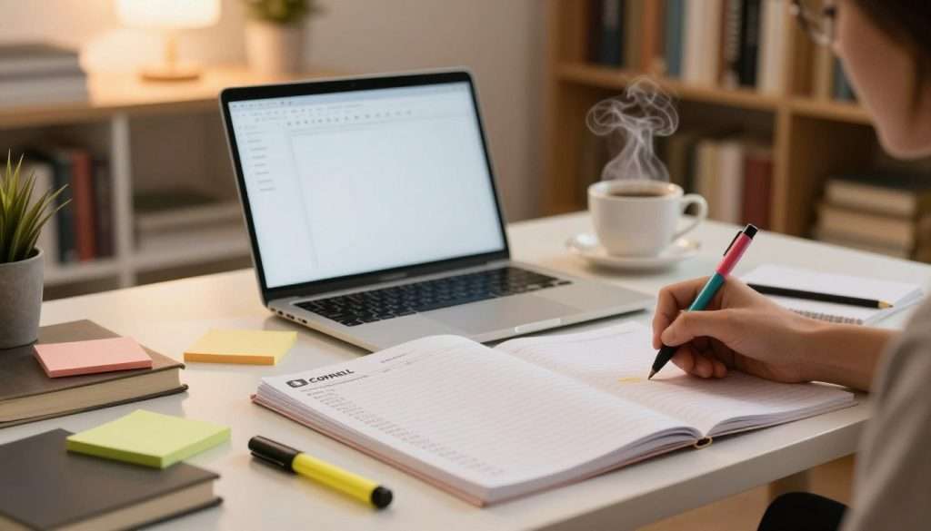 A serene study environment featuring a neatly organized desk with a large Cornell note-taking template prominently displayed. In the foreground, a person's hand writes notes using a colorful pen, with sticky notes and highlighters scattered around. The middle layer shows a laptop open to a blank document, alongside a coffee cup steaming gently. In the background, a well-stocked bookshelf filled with various books and a soft lamp providing warm, inviting light. The scene captures a focused and productive atmosphere, emphasizing organization and clarity, perfect for the summarization process in note-taking. The setting should reflect a professional ambiance, suitable for serious study or work. The lighting is warm and inviting, creating a cozy yet focused mood.