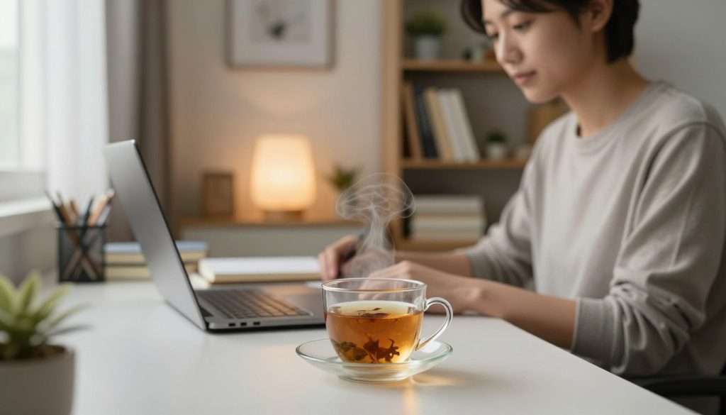 A serene study environment featuring a well-organized desk with a laptop, notebooks, and a steaming cup of herbal tea in the foreground. A person in modest casual clothing, focused and with a calm expression, is seated at the desk, deeply engaged in their work. In the middle, a soft, glowing light filters through a window, illuminating the space and creating a warm, inviting atmosphere. Bookshelves filled with neatly arranged books and inspirational decor flank the background, enhancing the focus by creating an orderly aesthetic. The overall mood is tranquil and productive, emphasizing a state of concentration, with gentle shadows adding depth and dimension to the scene. The angle captures the essence of immersive focus, reflecting a harmonious balance between work and environment. A serene study environment featuring a well-organized desk with a laptop, notebooks, and a steaming cup of herbal tea in the foreground. A person in modest casual clothing, focused and with a calm expression, is seated at the desk, deeply engaged in their work. In the middle, a soft, glowing light filters through a window, illuminating the space and creating a warm, inviting atmosphere. Bookshelves filled with neatly arranged books and inspirational decor flank the background, enhancing the focus by creating an orderly aesthetic. The overall mood is tranquil and productive, emphasizing a state of concentration, with gentle shadows adding depth and dimension to the scene. The angle captures the essence of immersive focus, reflecting a harmonious balance between work and environment.