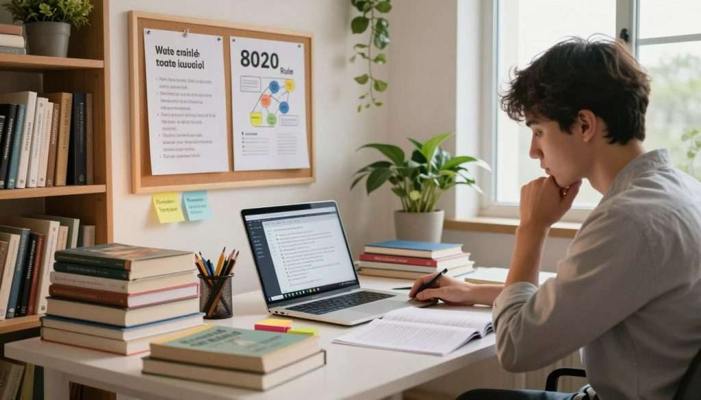 A serene study environment featuring a well-organized desk with neatly stacked textbooks, an open laptop displaying productive study apps, and colorful sticky notes with study techniques like "Mind Mapping" and "Pomodoro Technique." In the foreground, a thoughtful student, dressed in casual business attire, sits at the desk, focused on a page of notes, surrounded by a cozy atmosphere illuminated by soft, warm lighting. In the middle ground, a bulletin board displays motivational quotes and a visual diagram of the 80/20 Rule, symbolizing efficiency in studying. The background includes a bookshelf filled with educational resources, potted plants for a touch of nature, and a large window letting in natural light, creating an inviting and inspiring mood for learning. A serene study environment featuring a well-organized desk with neatly stacked textbooks, an open laptop displaying productive study apps, and colorful sticky notes with study techniques like "Mind Mapping" and "Pomodoro Technique." In the foreground, a thoughtful student, dressed in casual business attire, sits at the desk, focused on a page of notes, surrounded by a cozy atmosphere illuminated by soft, warm lighting. In the middle ground, a bulletin board displays motivational quotes and a visual diagram of the 80/20 Rule, symbolizing efficiency in studying. The background includes a bookshelf filled with educational resources, potted plants for a touch of nature, and a large window letting in natural light, creating an inviting and inspiring mood for learning.