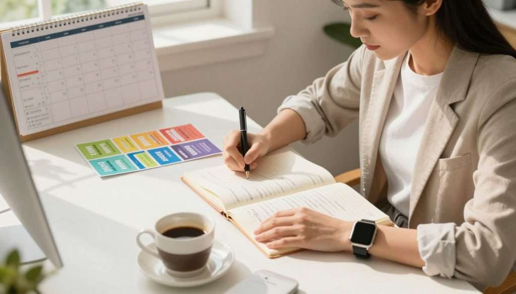 A serene study environment featuring a well-organized desk with open notebooks and colorful flashcards, illustrating active recall techniques. A female student in professional, modest casual clothing is sitting, focused on her study materials. In the foreground, a smartwatch and a cup of coffee provide a relatable touch. The middle area showcases study aids like a wall calendar and spaced repetition planner, while the background features soft, natural light filtering through a window, casting gentle shadows. The mood is calm and productive, emphasizing concentration and motivation for effective study strategies. Use a warm color palette to enhance the inviting atmosphere, shot from a slightly elevated angle for depth.