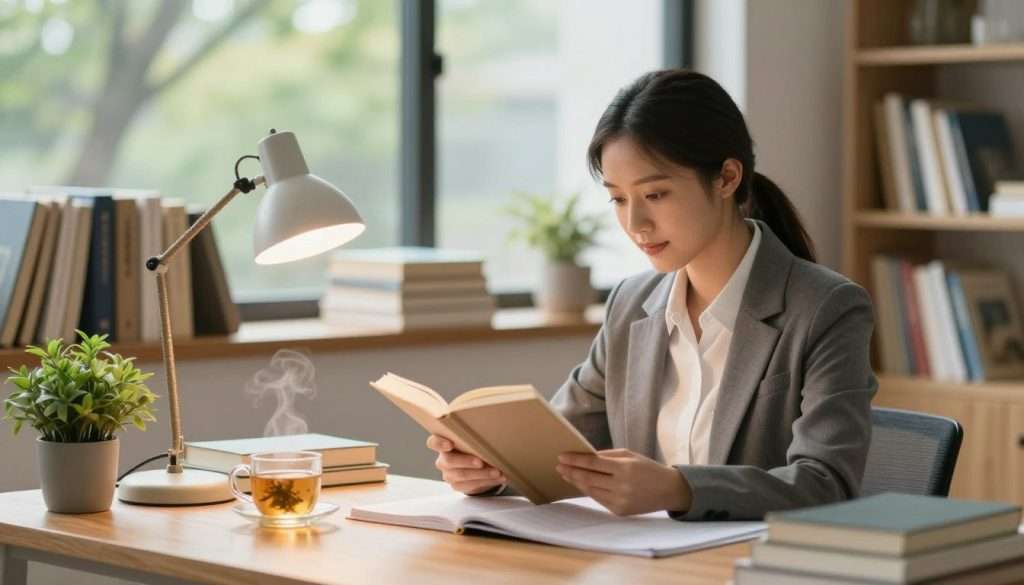 A serene study environment featuring a young professional woman in business attire, sitting at a wooden desk surrounded by books and study materials. She is engaged in focused reading, with a warm desk lamp casting an inviting glow. In the foreground, a small indoor plant and a steaming cup of herbal tea add a touch of calmness. The middle ground includes shelves lined with neatly organized books, symbolizing knowledge and learning. In the background, a large window reveals a bright, sunny day outside, with green trees swaying gently, suggesting an uplifting atmosphere. The image is captured with a soft focus, emphasizing warmth and tranquility, conveying the positive impact of a balanced lifestyle on cognitive performance.
