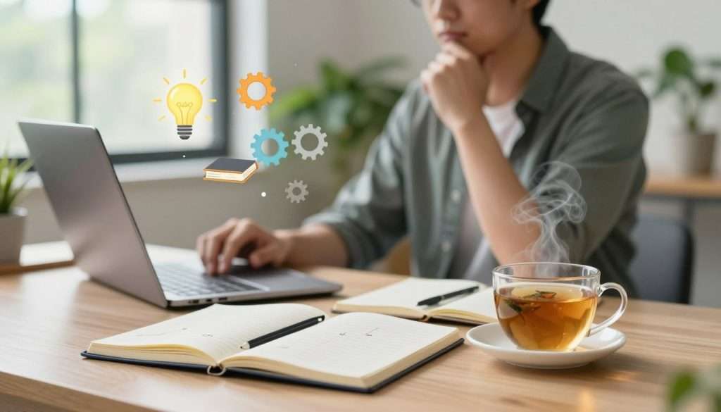 A serene study environment focused on maximizing learning potential. In the foreground, a thoughtfully arranged desk with neat notebooks, a laptop showing a mind map, and a cup of steaming herbal tea. In the middle, a person in modest casual clothing, sitting with a thoughtful expression, surrounded by floating symbols of knowledge like light bulbs, gears, and books. The background features soft, natural light filtering through large windows filled with green plants, creating an inviting atmosphere that promotes focus and relaxation. The overall mood is calm and inspirational, designed to evoke a sense of productivity while managing cognitive load and preventing burnout. Use a shallow depth of field to emphasize the foreground details.