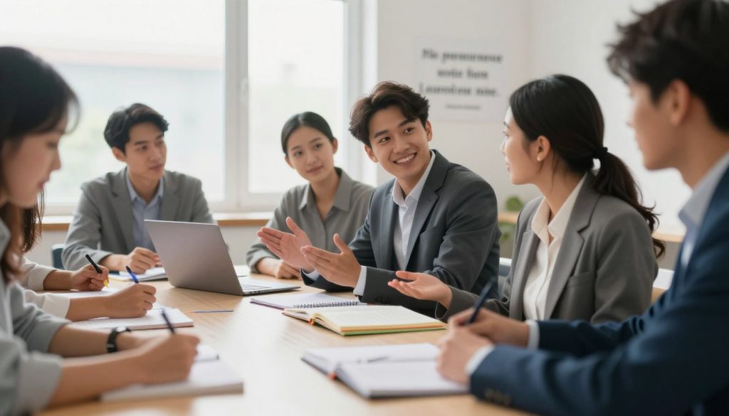 A serene study environment focusing on a diverse group of students engaged in collaborative learning. In the foreground, show a table covered with open notebooks, colorful study materials, and a laptop, emphasizing organization and preparation. In the middle, depict students of various ethnicities and genders sitting together, discussing concepts animatedly, dressed in professional business attire, embodying a growth mindset. In the background, a bright window lets in soft, natural light, illuminating a motivational quote on the wall about perseverance and learning. The atmosphere should feel inspiring and energetic, representing the journey of academic success through teamwork and a positive attitude. Capture this scene with a soft focus lens to evoke warmth and encouragement. A serene study environment focusing on a diverse group of students engaged in collaborative learning. In the foreground, show a table covered with open notebooks, colorful study materials, and a laptop, emphasizing organization and preparation. In the middle, depict students of various ethnicities and genders sitting together, discussing concepts animatedly, dressed in professional business attire, embodying a growth mindset. In the background, a bright window lets in soft, natural light, illuminating a motivational quote on the wall about perseverance and learning. The atmosphere should feel inspiring and energetic, representing the journey of academic success through teamwork and a positive attitude. Capture this scene with a soft focus lens to evoke warmth and encouragement.