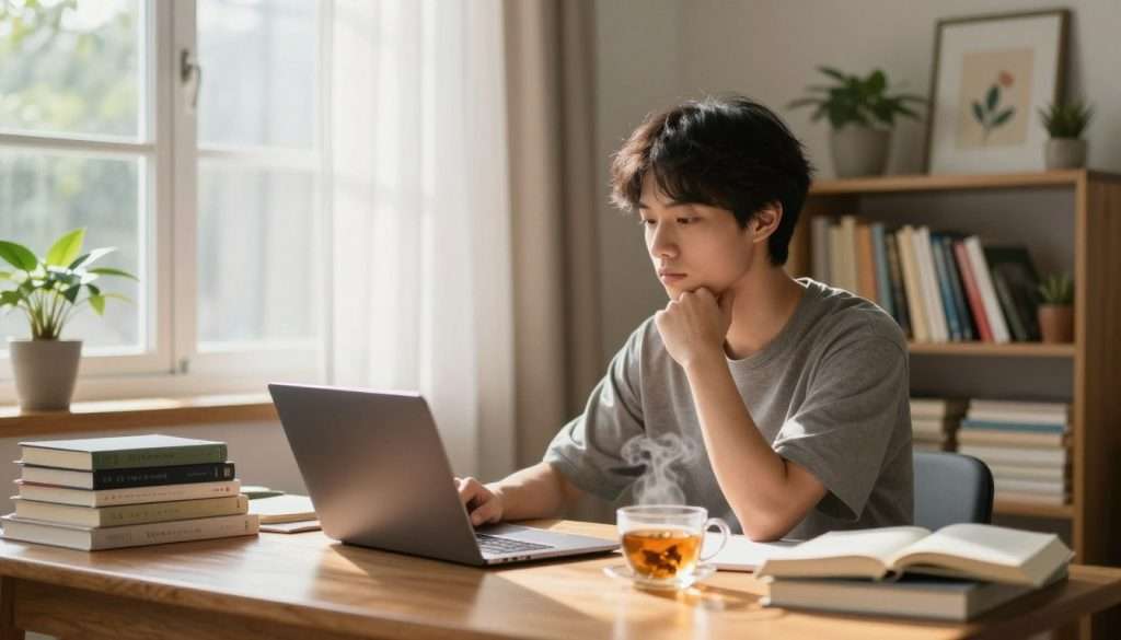 A serene study environment, focusing on a young adult seated at a clutter-free wooden desk, immersed in deep thought. The foreground features neatly arranged books, a sleek laptop, and a steaming cup of herbal tea. In the middle ground, soft natural light filters through a large window adorned with sheer curtains, illuminating the space and creating warm shadows. The background depicts a cozy bookshelf lined with colorful books, potted plants, and calming artwork that inspires focus. The atmosphere is tranquil and productive, conveying a sense of calm concentration and clarity. Use a soft focus lens effect to highlight the subject, with a warm color palette emphasizing comfort and creativity. The overall mood should evoke a feeling of achievement and a balanced, optimal studying mindset. A serene study environment, focusing on a young adult seated at a clutter-free wooden desk, immersed in deep thought. The foreground features neatly arranged books, a sleek laptop, and a steaming cup of herbal tea. In the middle ground, soft natural light filters through a large window adorned with sheer curtains, illuminating the space and creating warm shadows. The background depicts a cozy bookshelf lined with colorful books, potted plants, and calming artwork that inspires focus. The atmosphere is tranquil and productive, conveying a sense of calm concentration and clarity. Use a soft focus lens effect to highlight the subject, with a warm color palette emphasizing comfort and creativity. The overall mood should evoke a feeling of achievement and a balanced, optimal studying mindset.