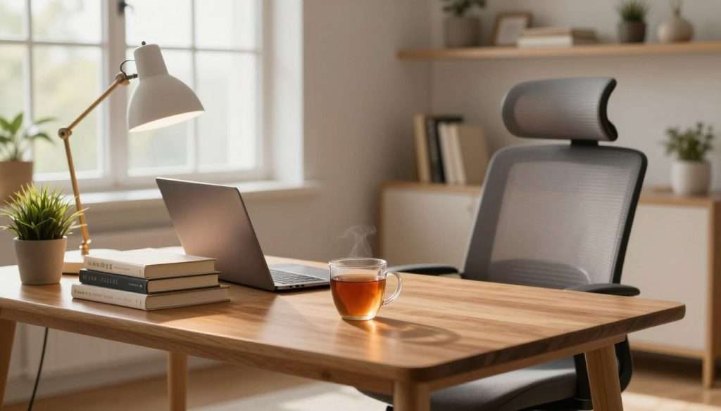 A serene study environment showcasing a cozy desk setup with a wooden table and an ergonomic chair. In the foreground, a stack of neatly organized books, a closed laptop, and a warm mug of tea, with a small potted plant adding a touch of greenery. The middle ground features a large window allowing soft, natural light to stream in, creating a warm glow across the room. In the background, gentle shelves lined with books and decorative items, and a soft rug underfoot, enhancing comfort. The overall atmosphere is focused and inviting, perfect for deep concentration. Warm lighting from a stylish desk lamp complements the natural light, highlighting the space. The mood conveys tranquility and productivity, ideal for studying.