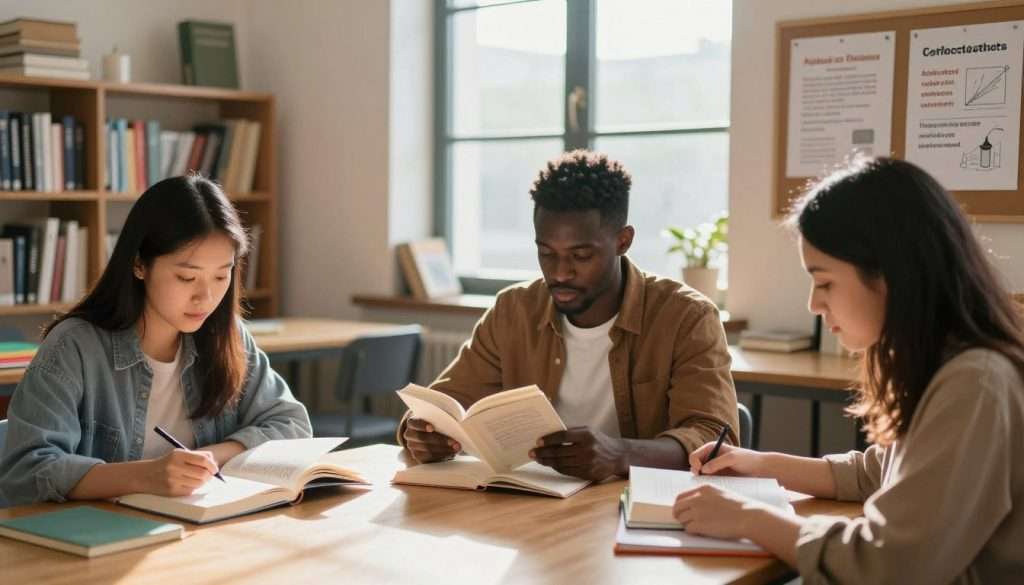 A serene study environment showcasing an assortment of critical reading strategies. In the foreground, a diverse group of three individuals—one Asian woman, one Black man, and one Middle-Eastern woman—sitting around a wooden table, deeply engaged with open non-fiction books and colorful notepads filled with annotations. The middle section features a large window allowing warm, natural light to pour in, illuminating the scene. In the background, shelves filled with various books and educational materials, with a bulletin board showcasing diagrams and tips on analytical reading strategies. The atmosphere is focused and intellectual, suggesting creativity and collaboration. The image captures a sense of motivation and discovery, with a soft depth of field that highlights the subjects in sharp clarity while slightly blurring the background.