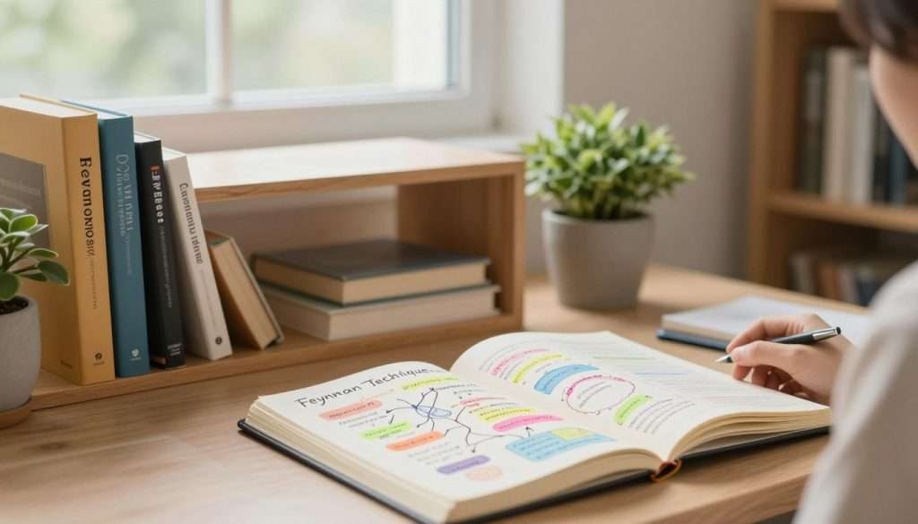 A serene study environment showcasing effective learning strategies. In the foreground, a well-organized desk holds an open notebook filled with colorful notes, diagrams, and mind maps, symbolizing the Feynman Technique. A light wooden bookshelf in the middle displays academic texts and learning resources, while a potted plant adds a touch of nature. The background features a soft, warmly lit room with a large window, letting in natural light that creates a calm atmosphere. The mood is focused and inspiring, invoking feelings of curiosity and determination. Use a slight depth of field to keep the foreground in sharp focus while the background softly blurs, emphasizing the act of learning. Camera angle should be slightly above eye level for a motivational perspective.