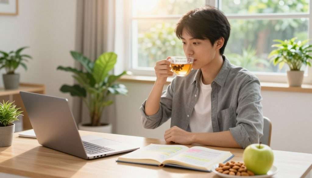 A serene study environment showcasing healthy habits for students. Foreground: a cozy, well-organized desk with a laptop open to a study session, a notepad with colorful notes, and a healthy snack like almonds and an apple. Middle ground: a student in professional casual attire, looking relaxed and focused while sipping herbal tea, surrounded by houseplants for a touch of nature. Background: a large window letting in warm, soft sunlight, illuminating the room, with a calming view of a garden. The atmosphere is tranquil yet inspiring, reflecting the importance of sleep hygiene and productivity. Use bright, uplifting colors and a gentle focus to evoke a sense of peace and motivation. A serene study environment showcasing healthy habits for students. Foreground: a cozy, well-organized desk with a laptop open to a study session, a notepad with colorful notes, and a healthy snack like almonds and an apple. Middle ground: a student in professional casual attire, looking relaxed and focused while sipping herbal tea, surrounded by houseplants for a touch of nature. Background: a large window letting in warm, soft sunlight, illuminating the room, with a calming view of a garden. The atmosphere is tranquil yet inspiring, reflecting the importance of sleep hygiene and productivity. Use bright, uplifting colors and a gentle focus to evoke a sense of peace and motivation.