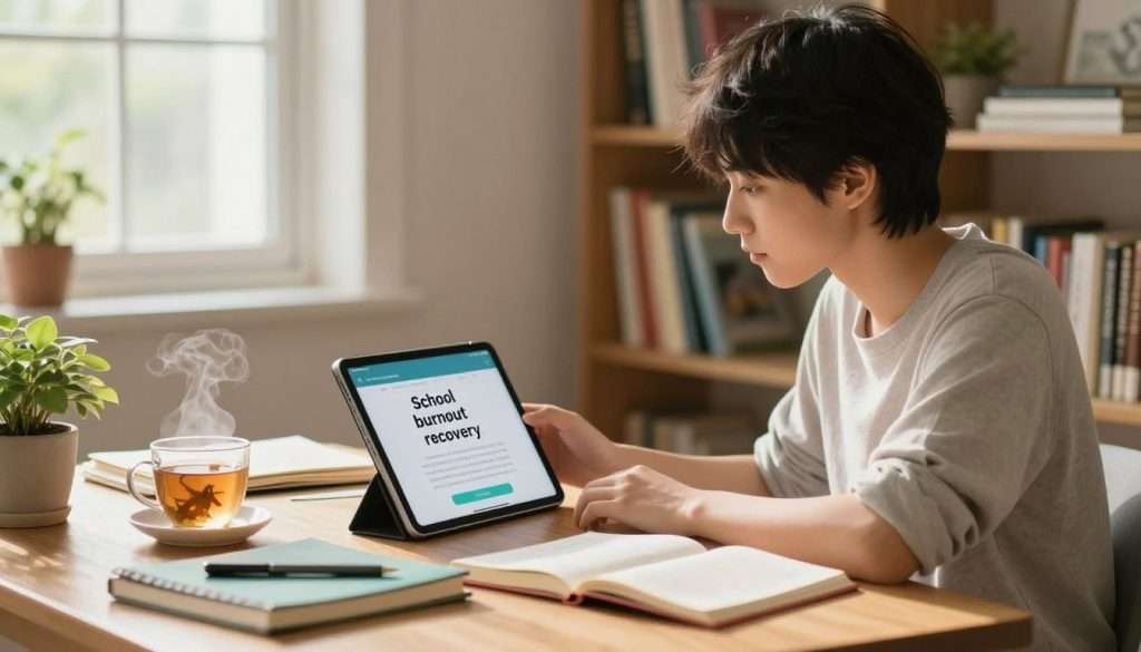 A serene study space embodying the theme of “School burnout recovery.” In the foreground, a cozy desk adorned with colorful notebooks, a steaming cup of herbal tea, and a plant, symbolizing growth. The middle ground features a calm individual, dressed in modest casual clothing, deeply focused on a tablet displaying micro-learning modules, their expression conveying curiosity and renewed passion for learning. The background showcases a soft, sunlit room with bookshelves filled with a variety of educational materials and a gentle window view of nature, enhancing the atmosphere of tranquility and inspiration. The lighting is warm and inviting, creating an uplifting mood, with a shallow depth of field that adds focus to the subject while softly blurring the surroundings.