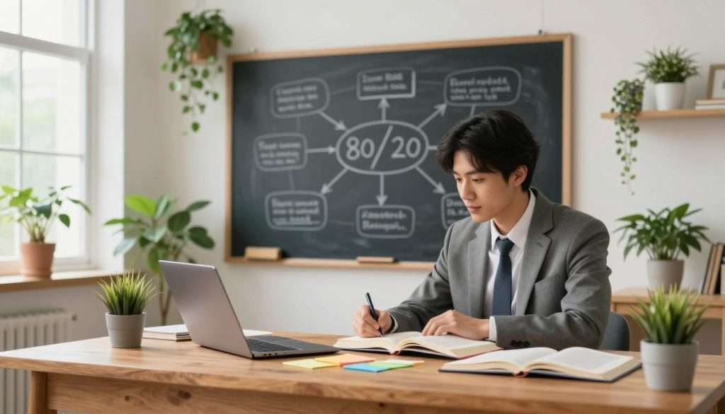 A serene study workspace symbolizing an effective learning strategy. In the foreground, a scholar in professional attire sits at a stylish wooden desk, deeply engaged with open books, a laptop, and colorful notes, illustrating the balance of efficiency and deep learning. In the middle ground, a large chalkboard features a mind map with key concepts from the 80/20 rule, surrounded by lush indoor plants to evoke a sense of growth and creativity. The background shows a bright window, allowing warm, natural light to flood the room, enhancing focus and a positive atmosphere. The setting conveys a harmonious blend of motivation and serenity, inspiring a productive learning environment. A serene study workspace symbolizing an effective learning strategy. In the foreground, a scholar in professional attire sits at a stylish wooden desk, deeply engaged with open books, a laptop, and colorful notes, illustrating the balance of efficiency and deep learning. In the middle ground, a large chalkboard features a mind map with key concepts from the 80/20 rule, surrounded by lush indoor plants to evoke a sense of growth and creativity. The background shows a bright window, allowing warm, natural light to flood the room, enhancing focus and a positive atmosphere. The setting conveys a harmonious blend of motivation and serenity, inspiring a productive learning environment.