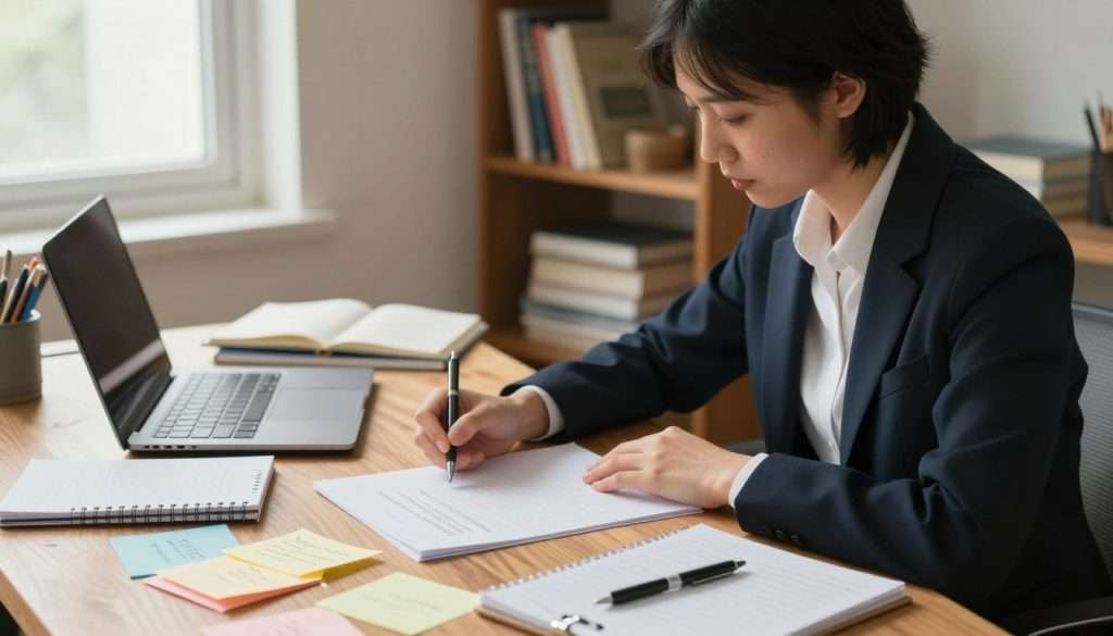 A serene workspace featuring an individual in professional attire, seated at a wooden desk cluttered with notebooks, pens, and a laptop, embodying the theme of overcoming the blank page syndrome. In the foreground, the person is thoughtfully gazing at a blank page, with scattered inspiration notes around them, conveying a moment of contemplation. In the middle ground, a soft light from a nearby window bathes the scene, enhancing a calm atmosphere that encourages creativity. The background features a bookshelf filled with literary classics and educational materials, suggesting a wealth of knowledge at hand. The overall mood is one of quiet determination and insightful exploration, inviting viewers to reflect on the essay writing process. The scene is captured in warm, natural light, with a slightly blurred depth of field to focus on the individual’s expression and workspace.