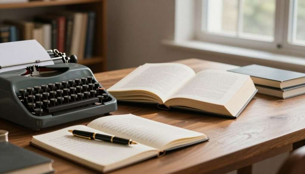 A serene workspace filled with elements of writing and creativity. In the foreground, a polished wooden desk cluttered with a vintage typewriter, a notebook filled with handwritten notes, and an elegant fountain pen. A soft, warm light illuminates these objects, casting gentle shadows. The middle layer features an open book with pages slightly turned, showcasing neatly organized bullet points about refining prose techniques. The background includes a soft-focus bookshelf lined with classic literature, and a large window letting in natural light, suggesting a peaceful atmosphere. The overall mood should convey inspiration and focus, ideal for overcoming writing challenges and enhancing clarity in prose.