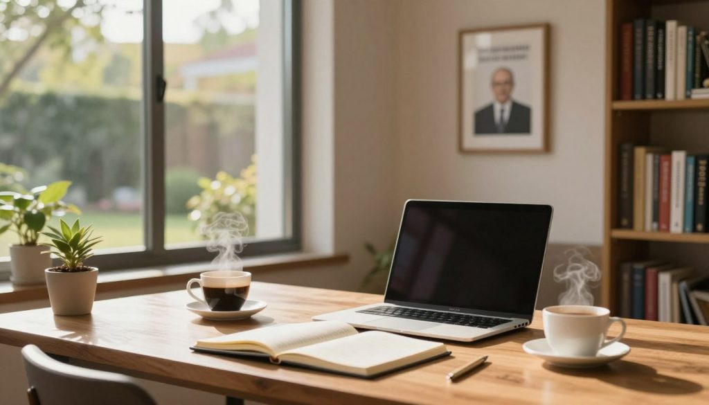 A serene workspace setting designed for deep work and educational advancement. In the foreground, a wooden desk is neatly organized with an open notebook, a laptop, and a steaming cup of coffee, all bathed in warm, inviting light. To the left, a small indoor plant adds a touch of greenery. In the middle, large windows allow soft, natural daylight to pour in, illuminating bookshelves filled with various academic texts and inspiring quotes framed on the wall in professional business attire. In the background, a calming view of a peaceful garden can be seen through the glass, enhancing the atmosphere of focus and motivation. The overall mood is tranquil yet productive, ideal for deep learning and concentration, captured with a shallow depth of field to emphasize the workspace.
