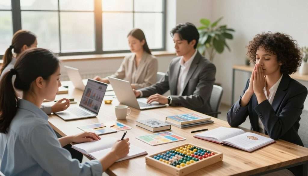 A serene workspace showcasing strategies for mental performance. In the foreground, a diverse group of professionals, dressed in business attire, are engaged in focus-enhancing activities: one meditates, another writes in a planner, and a third practices mindfulness with a breathing technique. The middle ground features a large, well-organized desk with motivational books and brain training tools like puzzles and an abacus. Glowing natural light streams through large windows, creating a warm and inviting atmosphere. In the background, a calm indoor plant adds a touch of nature, promoting a sense of tranquility. The overall mood is inspiring and productive, emphasizing clarity and concentration in daily life.