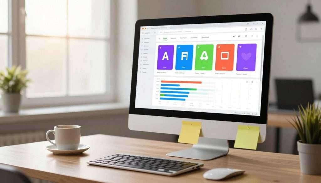 A sleek modern workspace featuring a computer screen displaying a vibrant user interface of spaced repetition software. In the foreground, a neatly arranged desk with a stylish laptop, colorful sticky notes, and a cup of coffee, illustrating productivity. The middle ground includes the soft glow of the screen, showcasing a spaced repetition algorithm with visually engaging flashcards and a progress tracker. In the background, a bright window with natural light streaming in, illuminating the room. The atmosphere is focused and motivational, inspiring a sense of learning and growth. The lighting is warm and inviting, creating an engaging environment conducive to studying. No people are present.